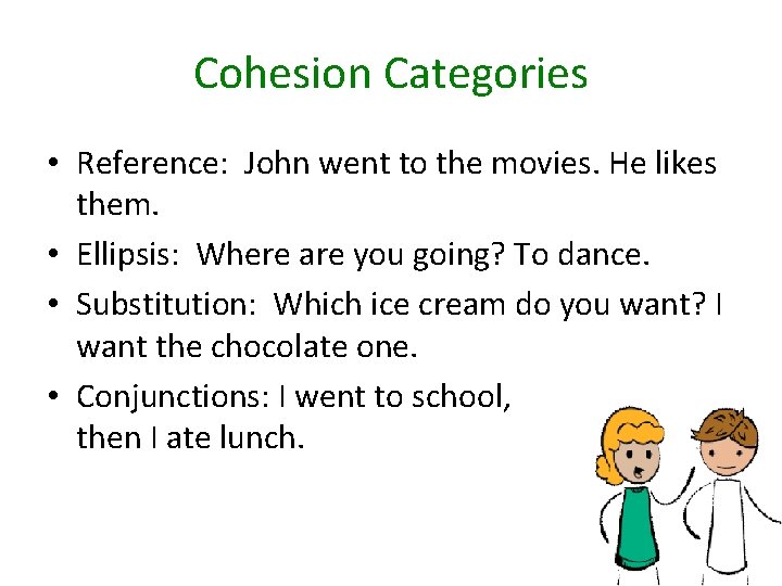 Cohesion Categories • Reference: John went to the movies. He likes them. • Ellipsis: