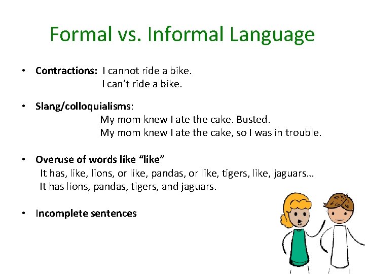 Formal vs. Informal Language • Contractions: I cannot ride a bike. I can’t ride