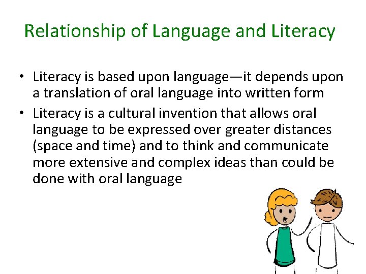 Relationship of Language and Literacy • Literacy is based upon language—it depends upon a