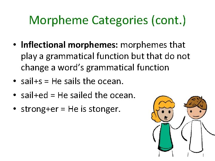 Morpheme Categories (cont. ) • lnflectional morphemes: morphemes that play a grammatical function but