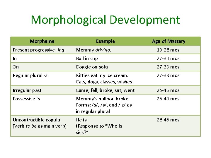 Morphological Development Morpheme Example Age of Mastery Present progressive -ing Mommy driving. 19 -28