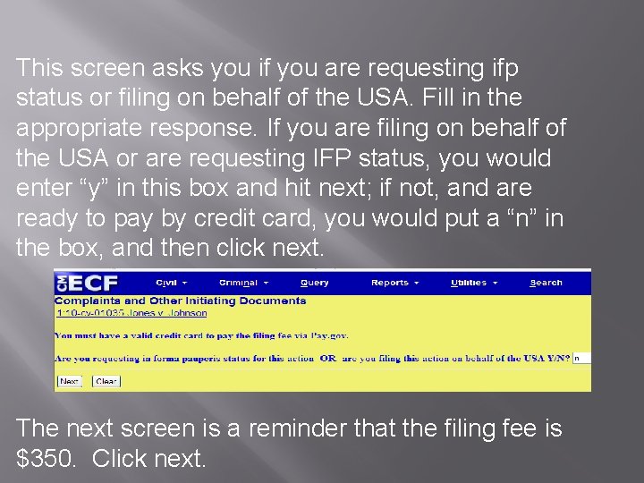 This screen asks you if you are requesting ifp status or filing on behalf