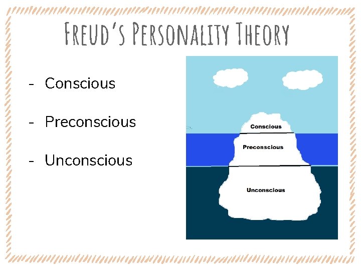 Freud’s Personality Theory ‐ Conscious ‐ Preconscious ‐ Unconscious 