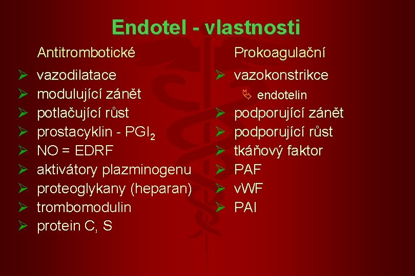 Endotel - vlastnosti Antitrombotické Ø Ø Ø Ø Ø vazodilatace modulující zánět potlačující růst