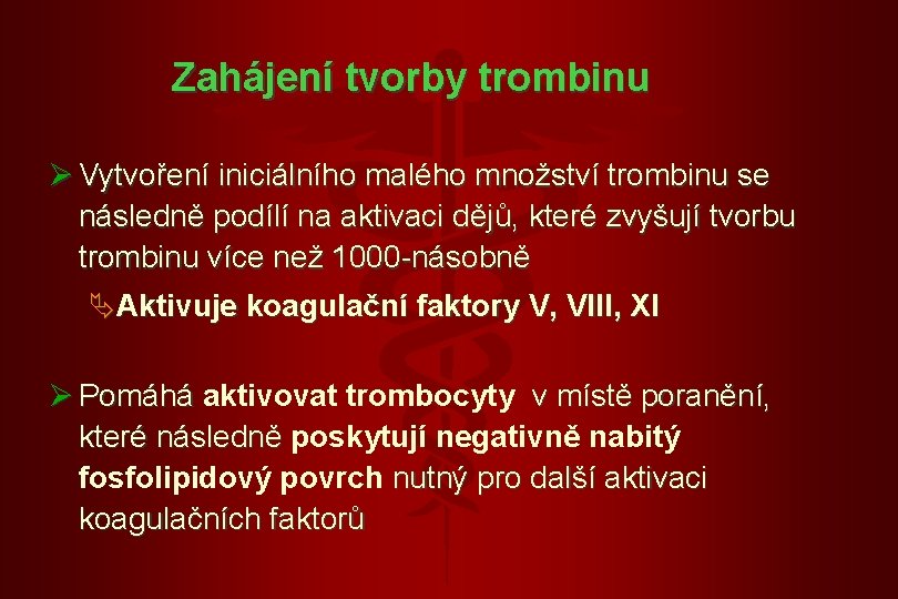 Zahájení tvorby trombinu Ø Vytvoření iniciálního malého množství trombinu se následně podílí na aktivaci