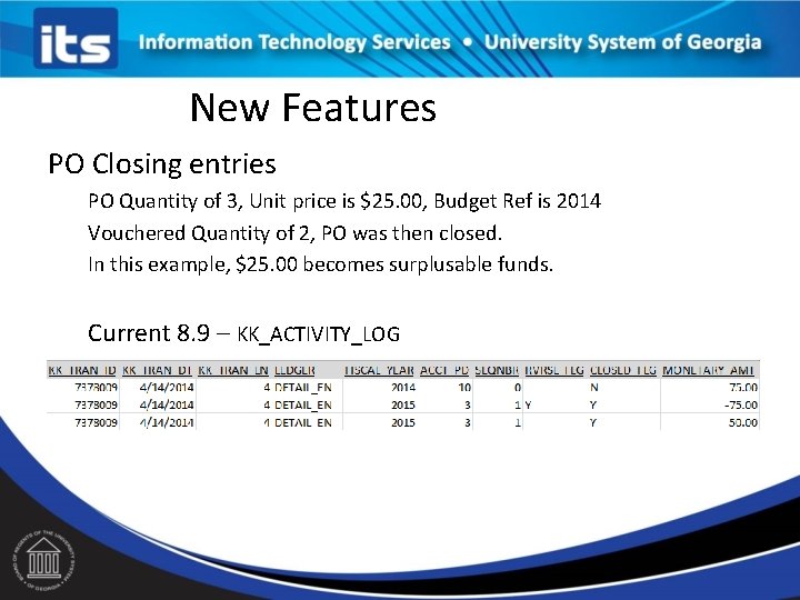 New Features PO Closing entries PO Quantity of 3, Unit price is $25. 00,