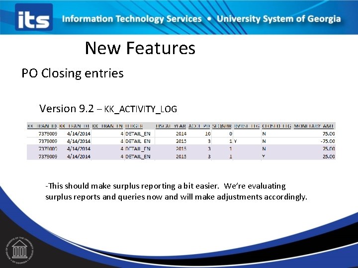 New Features PO Closing entries Version 9. 2 – KK_ACTIVITY_LOG -This should make surplus