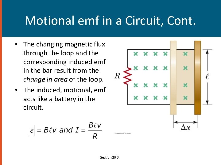 Motional emf in a Circuit, Cont. • The changing magnetic flux through the loop