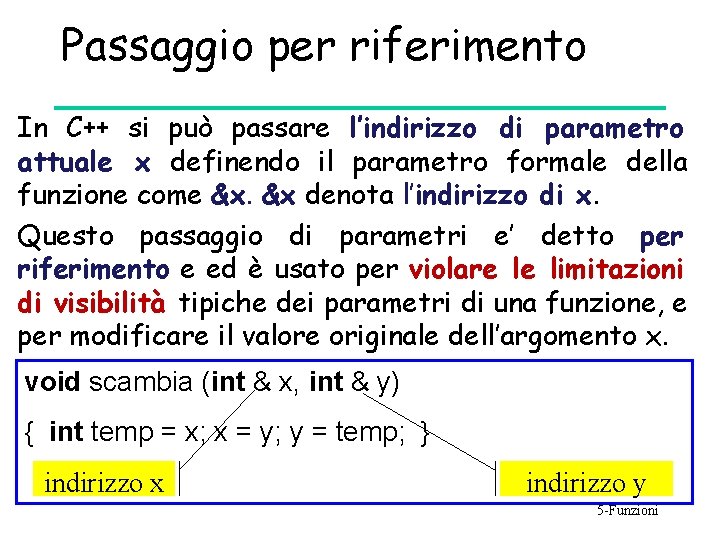 Passaggio per riferimento • In C++ si può passare l’indirizzo di parametro attuale x