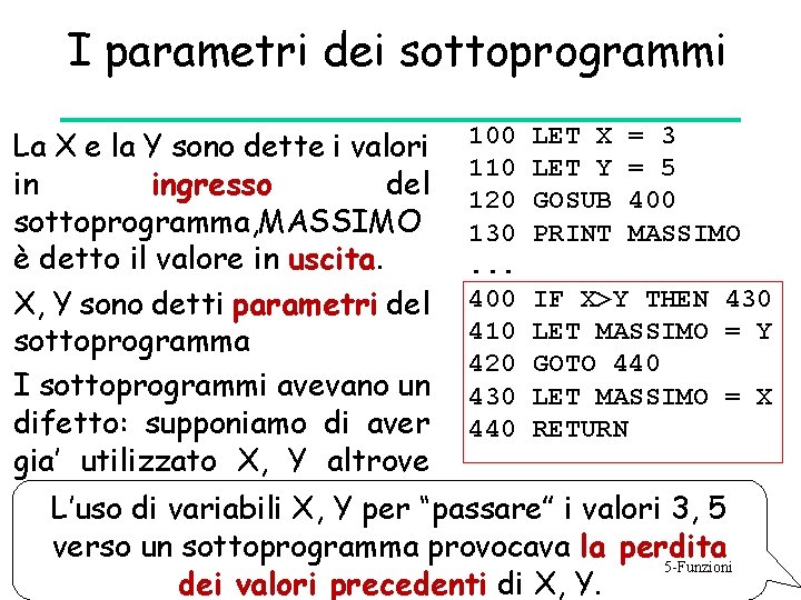 I parametri dei sottoprogrammi La X e la Y sono dette i valori 100