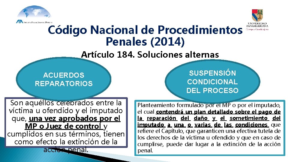 Código Nacional de Procedimientos Penales (2014) Artículo 184. Soluciones alternas ACUERDOS REPARATORIOS Son aquéllos