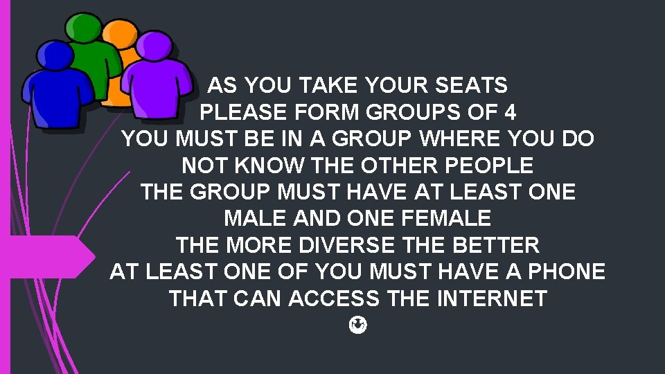 AS YOU TAKE YOUR SEATS PLEASE FORM GROUPS OF 4 YOU MUST BE IN