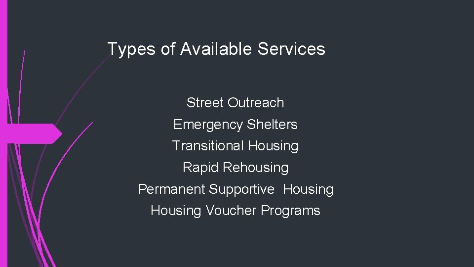 Types of Available Services Street Outreach Emergency Shelters Transitional Housing Rapid Rehousing Permanent Supportive