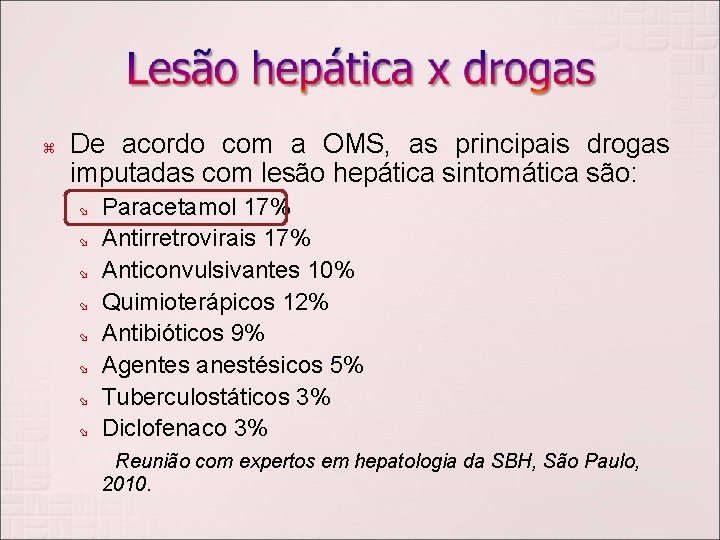  De acordo com a OMS, as principais drogas imputadas com lesão hepática sintomática