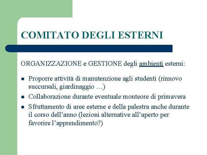 COMITATO DEGLI ESTERNI ORGANIZZAZIONE e GESTIONE degli ambienti esterni: l l l Proporre attività