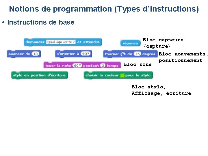 Notions de programmation (Types d’instructions) • Instructions de base Bloc capteurs (capture) Bloc mouvements, Notions de programmation (Types d’instructions) • Instructions de base Bloc capteurs (capture) Bloc mouvements,