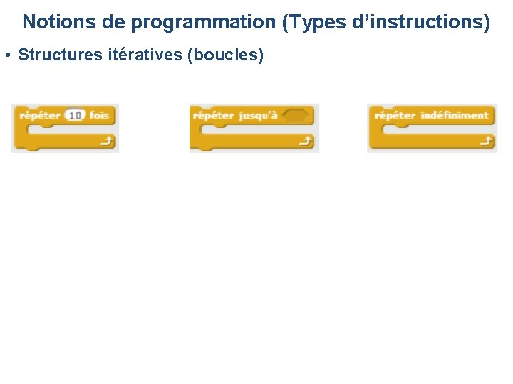 Notions de programmation (Types d’instructions) • Structures itératives (boucles) Notions de programmation (Types d’instructions) • Structures itératives (boucles)