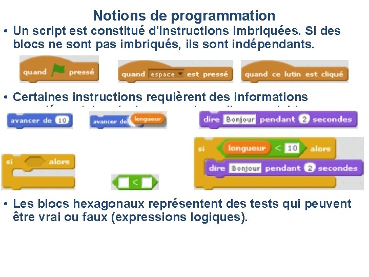 Notions de programmation • Un script est constitué d'instructions imbriquées. Si des blocs ne Notions de programmation • Un script est constitué d'instructions imbriquées. Si des blocs ne