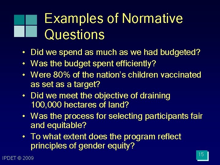 Examples of Normative Questions • Did we spend as much as we had budgeted? Examples of Normative Questions • Did we spend as much as we had budgeted?