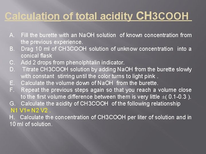 Calculation of total acidity CH 3 COOH A. Fill the burette with an Na.