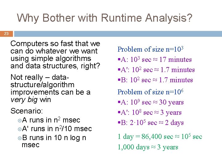 Why Bother with Runtime Analysis? 23 Computers so fast that we can do whatever