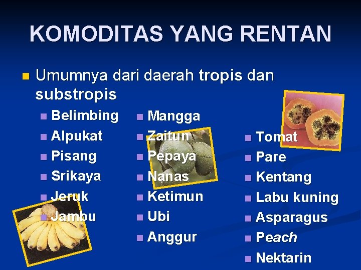 KOMODITAS YANG RENTAN n Umumnya dari daerah tropis dan substropis Belimbing n Alpukat n