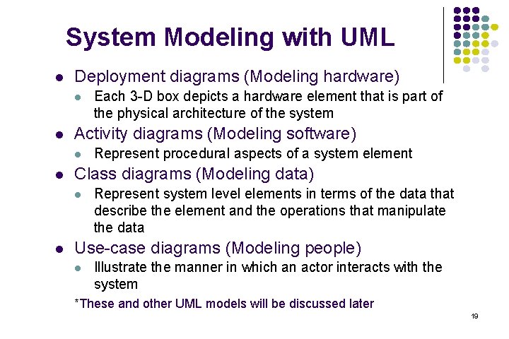 System Modeling with UML l Deployment diagrams (Modeling hardware) l l Activity diagrams (Modeling