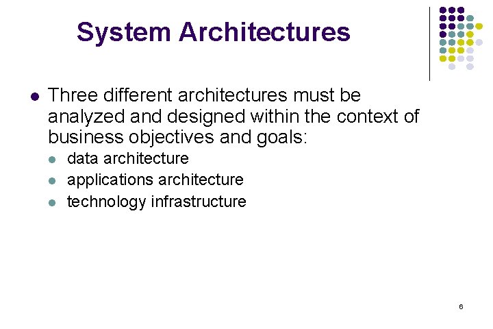 System Architectures l Three different architectures must be analyzed and designed within the context