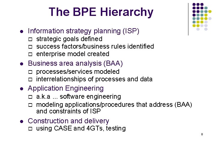 The BPE Hierarchy l Information strategy planning (ISP) l Business area analysis (BAA) l