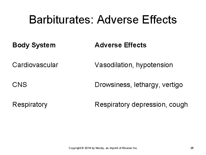 Barbiturates: Adverse Effects Body System Adverse Effects Cardiovascular Vasodilation, hypotension CNS Drowsiness, lethargy, vertigo