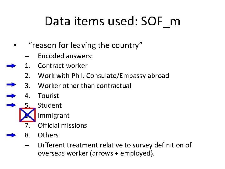 Data items used: SOF_m • “reason for leaving the country” – 1. 2. 3. Data items used: SOF_m • “reason for leaving the country” – 1. 2. 3.
