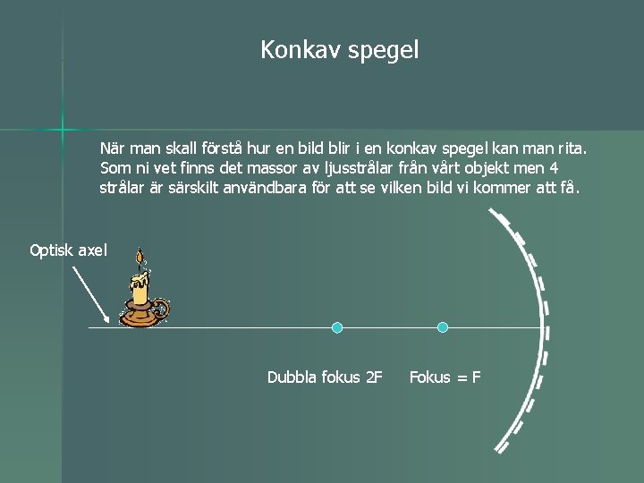 Konkav spegel När man skall förstå hur en bild blir i en konkav spegel