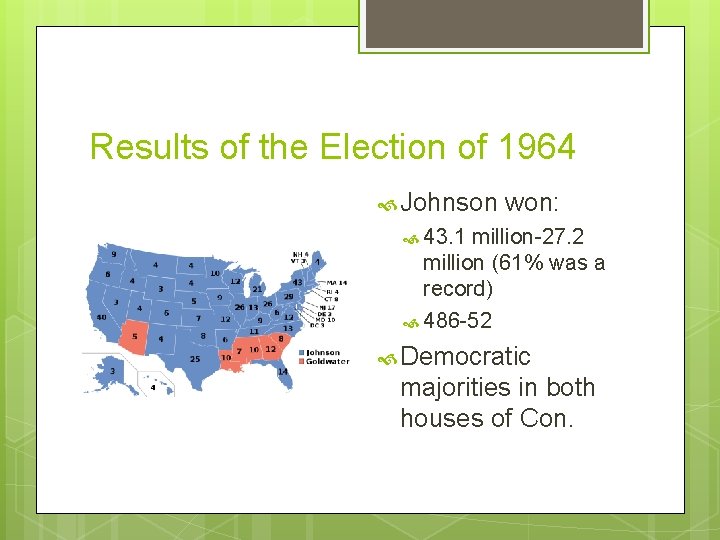 Results of the Election of 1964 Johnson won: 43. 1 million-27. 2 million (61%