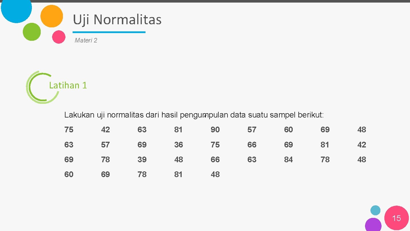 Uji Normalitas Materi 2 Latihan 1 Lakukan uji normalitas dari hasil pengumpulan data suatu