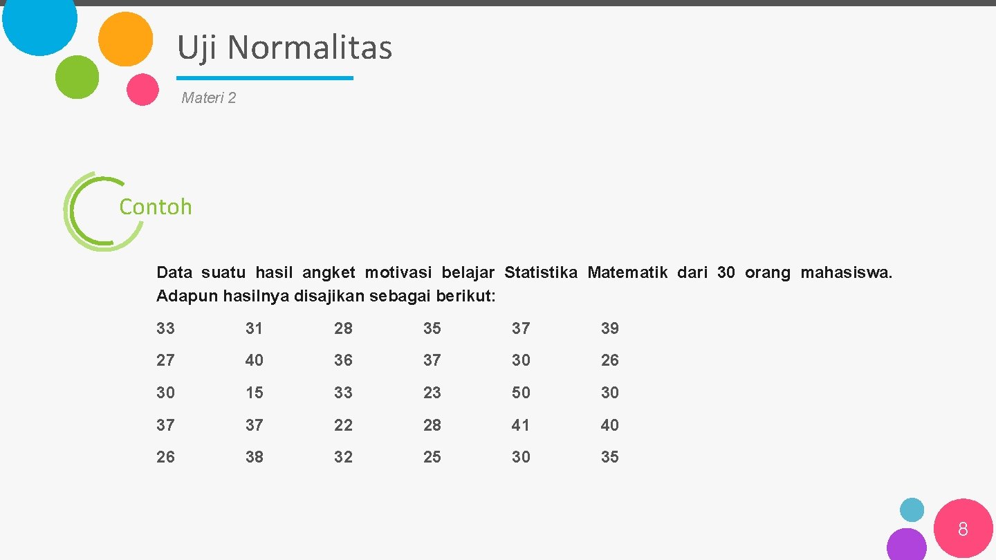 Uji Normalitas Materi 2 Contoh Data suatu hasil angket motivasi belajar Statistika Matematik dari