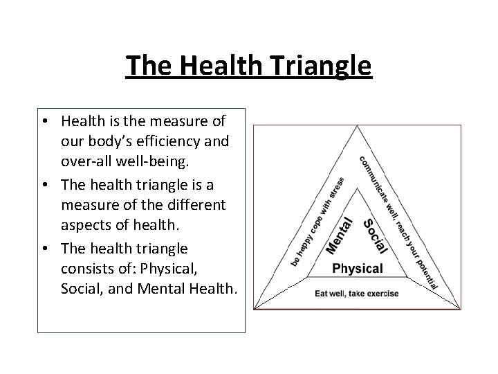 The Health Triangle • Health is the measure of our body’s efficiency and over-all
