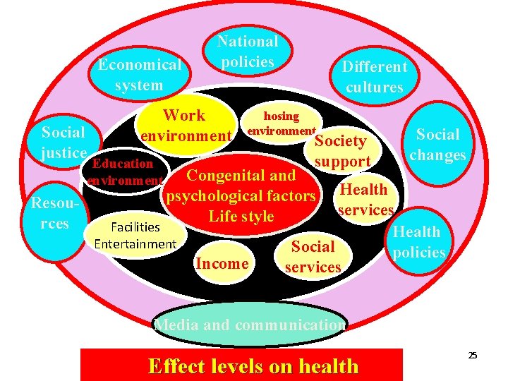 Economical system Social justice Work environment Education environment Resources National policies Different cultures hosing