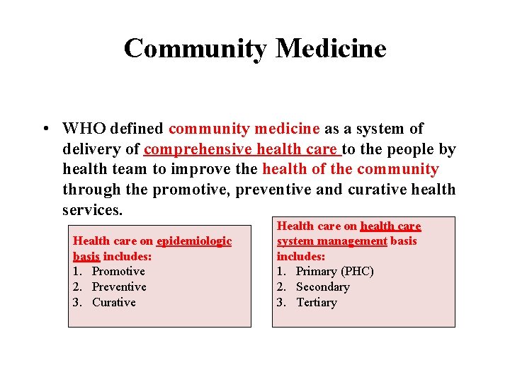 Community Medicine • WHO defined community medicine as a system of delivery of comprehensive