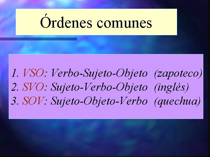 Órdenes comunes 1. VSO: Verbo-Sujeto-Objeto (zapoteco) 2. SVO: Sujeto-Verbo-Objeto (inglés) 3. SOV: Sujeto-Objeto-Verbo (quechua)
