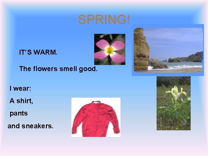 SPRING! IT’S WARM. The flowers smell good. I wear: A shirt, pants and sneakers.