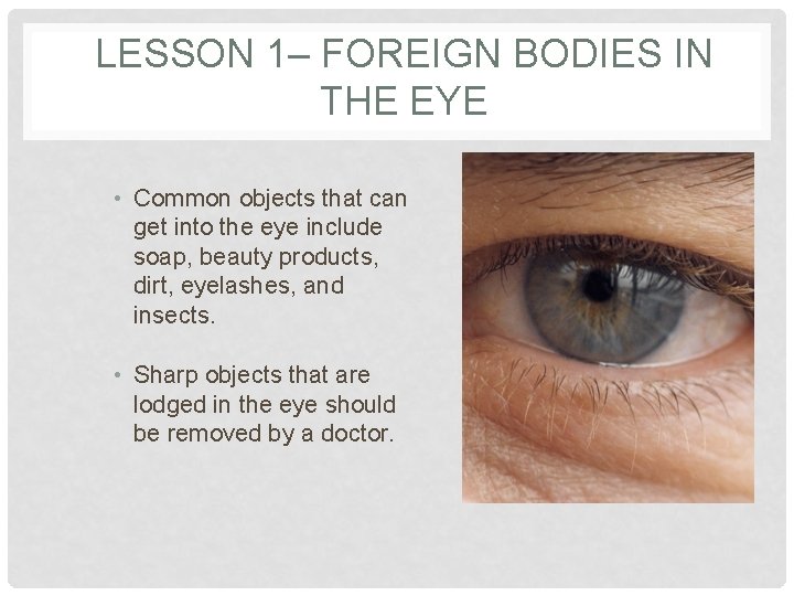 LESSON 1– FOREIGN BODIES IN THE EYE • Common objects that can get into