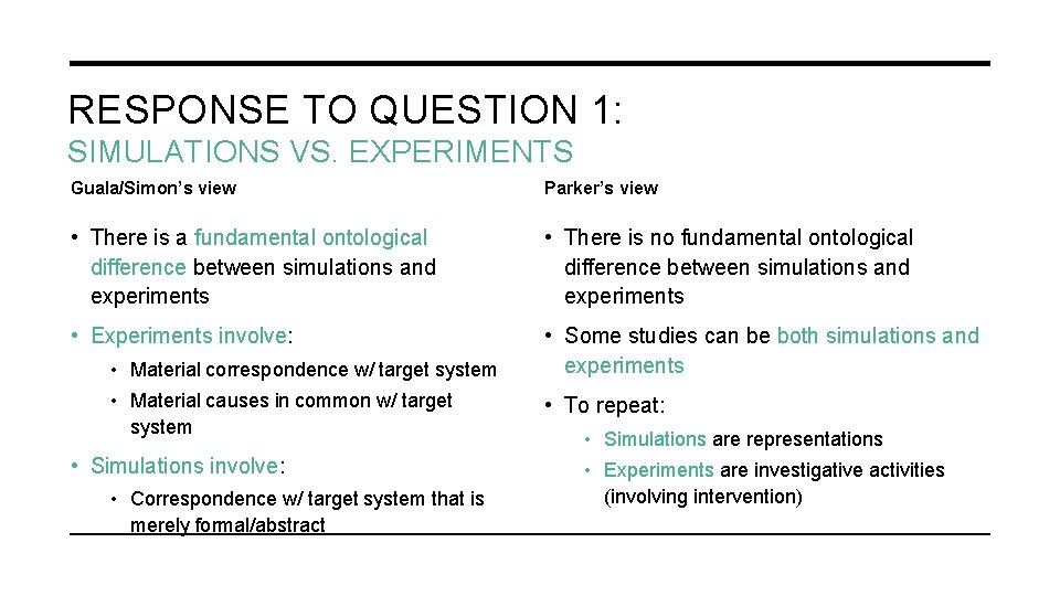 RESPONSE TO QUESTION 1: SIMULATIONS VS. EXPERIMENTS Guala/Simon’s view Parker’s view • There is