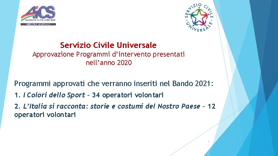 Servizio Civile Universale Approvazione Programmi d’intervento presentati nell’anno 2020 Programmi approvati che verranno inseriti