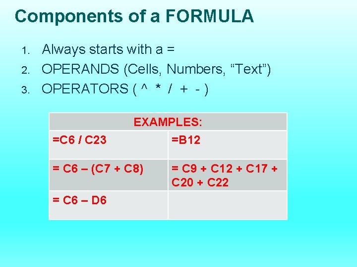 Components of a FORMULA 1. 2. 3. Always starts with a = OPERANDS (Cells,