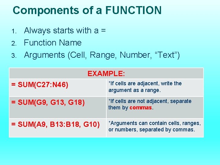 Components of a FUNCTION 1. 2. 3. Always starts with a = Function Name