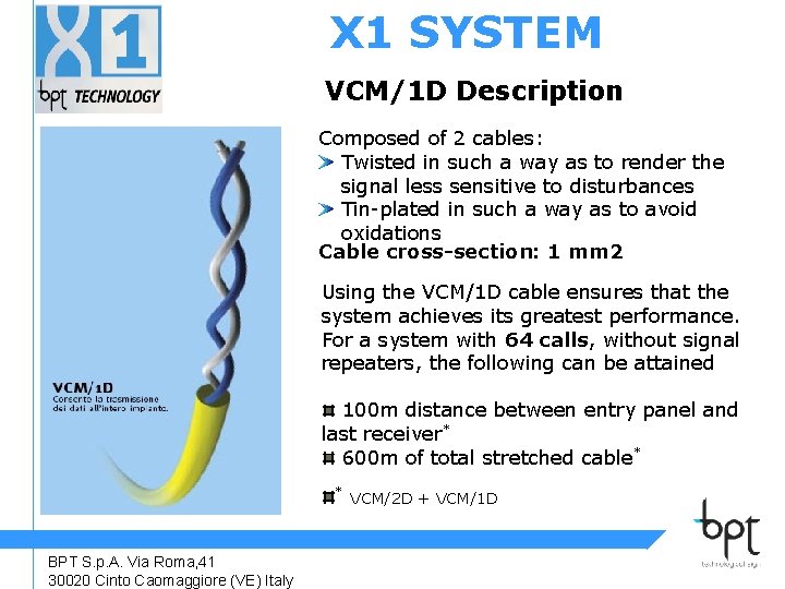 X 1 SYSTEM VCM/1 D Description Composed of 2 cables: Twisted in such a