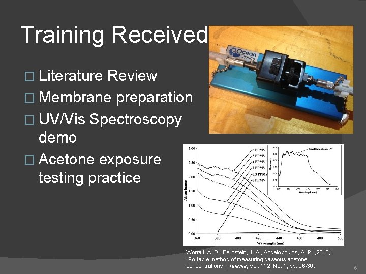 Training Received � Literature Review � Membrane preparation � UV/Vis Spectroscopy demo � Acetone