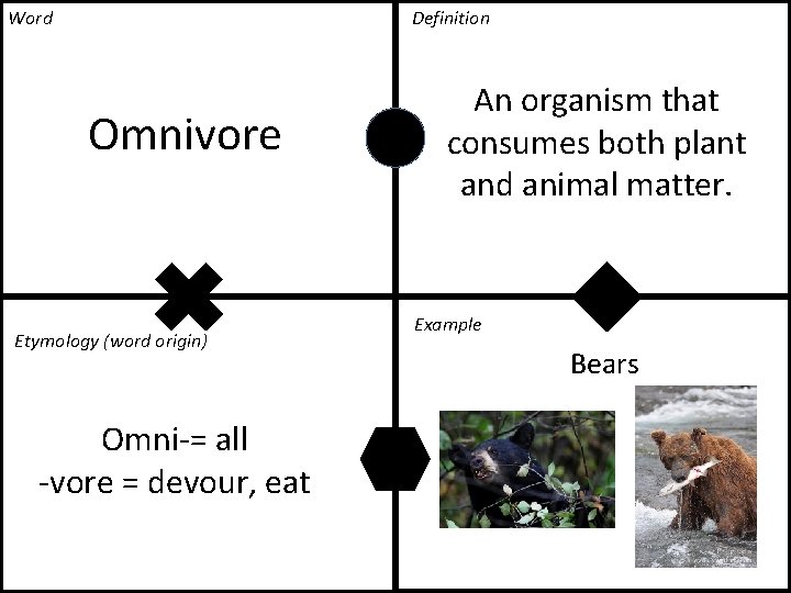 Word Definition Omnivore Etymology (word origin) Omni-= all -vore = devour, eat An organism Word Definition Omnivore Etymology (word origin) Omni-= all -vore = devour, eat An organism