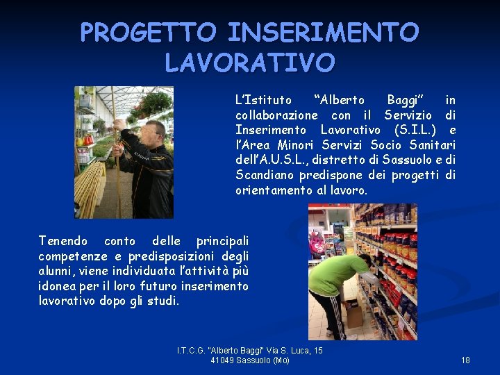 PROGETTO INSERIMENTO LAVORATIVO L’Istituto “Alberto Baggi” in collaborazione con il Servizio di Inserimento Lavorativo