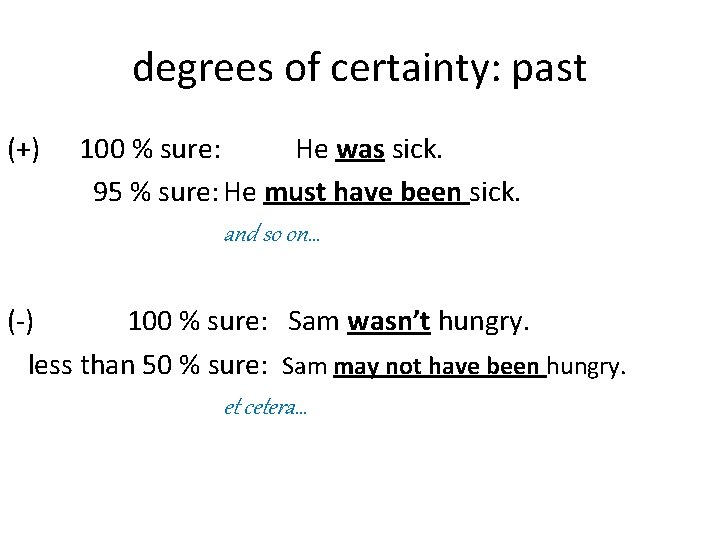 degrees of certainty: past (+) 100 % sure: He was sick. 95 % sure: